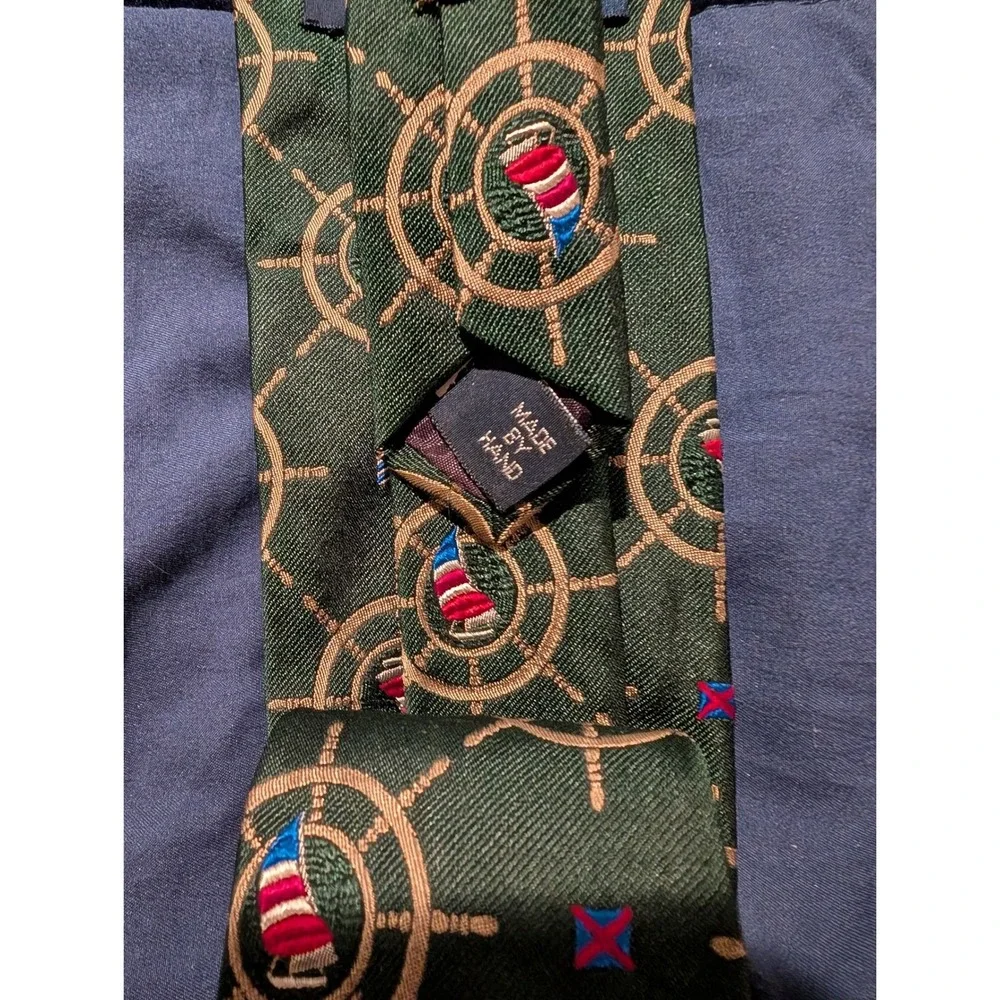 Polo Ralph Lauren Nautical Ship‎ Wheel Handmade Green Silk Tie Vintage 3.5x59